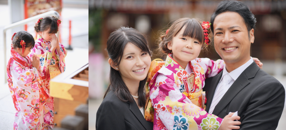大阪の常光円満寺で七五三参りをする家族
